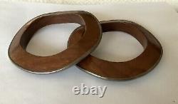 Vintage Modernist Pair of Sterling Silver+Wood Wavy Bangle Bracelets