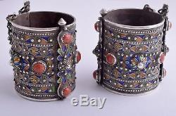 Vintage Moroccan Berber Kabyle enamel Silver / red coral Bracelets Cuff Pair