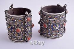 Vintage Moroccan Berber Kabyle enamel Silver / red coral Bracelets Cuff Pair
