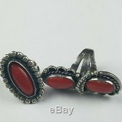 Vintage NAVAJO Sterling Silver & OLD RED Mediterranean CORAL RINGS Pair