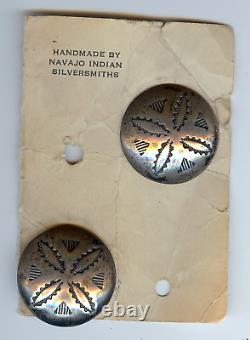 Vintage Navajo Indian Stampwork Silver Pair Of Buttons On Card