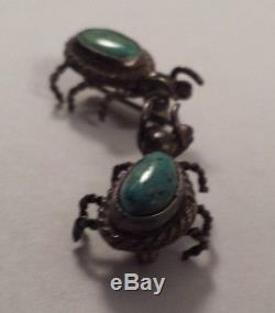 Vintage Navajo Indian Sterling Silver Turquoise Bug Pin Brooch Pair