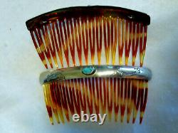 Vintage Navajo Southwestern Sterling Silver Turquoise Pair of Hair Combs Stamped