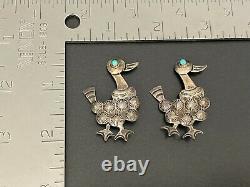Vintage Navajo Turquoise Duck Repousse Hand Stamped Silver Pin Brooch Pair