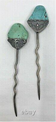 Vintage Navajo pair Sterling Silver Hair Bun Holder Sticks carved Turquoise