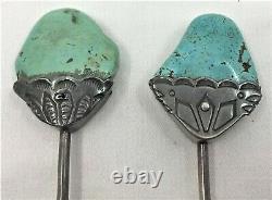 Vintage Navajo pair Sterling Silver Hair Bun Holder Sticks carved Turquoise