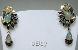 Vintage Opal Diamond set 14K gold silver dangle earrings pair