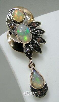 Vintage Opal Diamond set 14K gold silver dangle earrings pair