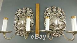 Vintage Ornate Pair Silverplated Cherubs Birds Floral Adams Style Sconces 12''H