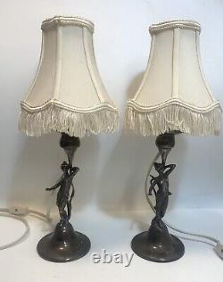 Vintage Pair (2) Sterling Silver Art Nouveau Nude Table Lamps. Italy