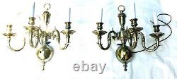 Vintage Pair 3-arm White Brass Wall Sconces New Wiring- Heavy, 17 Tall