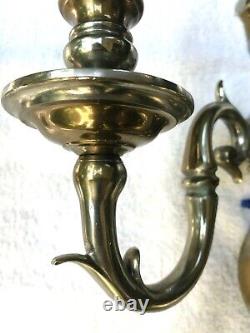 Vintage Pair 3-arm White Brass Wall Sconces New Wiring- Heavy, 17 Tall