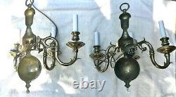 Vintage Pair 3-arm White Brass Wall Sconces New Wiring- Heavy, 17 Tall