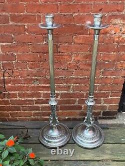 Vintage Pair Altar Candlesticks 36 inch Tall Floor standing Church Temple Chrome