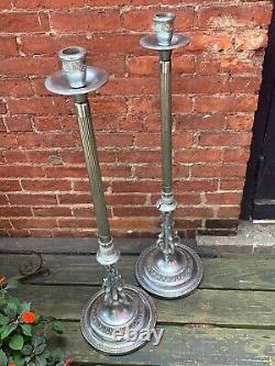 Vintage Pair Altar Candlesticks 36 inch Tall Floor standing Church Temple Chrome