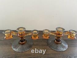 Vintage Pair Amber Glass Sterling Silver Candelabra Candlestick Holders & 1 Bowl