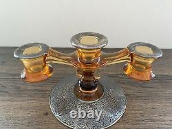 Vintage Pair Amber Glass Sterling Silver Candelabra Candlestick Holders & 1 Bowl