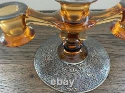 Vintage Pair Amber Glass Sterling Silver Candelabra Candlestick Holders & 1 Bowl