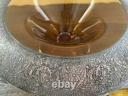 Vintage Pair Amber Glass Sterling Silver Candelabra Candlestick Holders & 1 Bowl