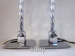 Vintage Pair Art Deco Silver Tone Stainless Steel Twisted Stem Boudoir Lamps