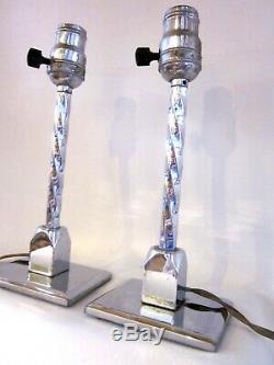 Vintage Pair Art Deco Silver Tone Stainless Steel Twisted Stem Boudoir Lamps