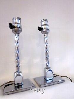 Vintage Pair Art Deco Silver Tone Stainless Steel Twisted Stem Boudoir Lamps