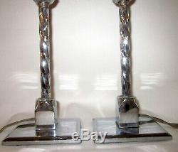 Vintage Pair Art Deco Silver Tone Stainless Steel Twisted Stem Boudoir Lamps