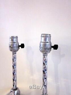 Vintage Pair Art Deco Silver Tone Stainless Steel Twisted Stem Boudoir Lamps