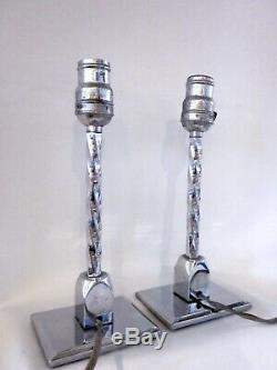 Vintage Pair Art Deco Silver Tone Stainless Steel Twisted Stem Boudoir Lamps