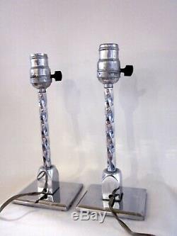 Vintage Pair Art Deco Silver Tone Stainless Steel Twisted Stem Boudoir Lamps