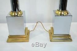 Vintage Pair Brass & Chrome Column Neoclassical Mid Century Modern Table Lamps