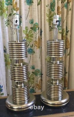 Vintage Pair Brass / Silver Tone Table Lamps 23.5 Tall Mid Century Heavy VGC