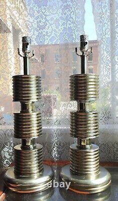 Vintage Pair Brass / Silver Tone Table Lamps 23.5 Tall Mid Century Heavy VGC