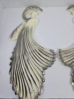 Vintage Pair Ceramic Peacock White & Silver Chrome Glaze Made In California Wall