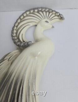 Vintage Pair Ceramic Peacock White & Silver Chrome Glaze Made In California Wall