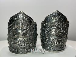 Vintage Pair Chinese Sterling Silver Repousse Buddha Bracelet Cuffs 75g
