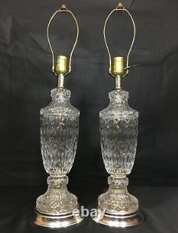 Vintage Pair Crystal Clear Glass Electric Table Lamps 20 Brass Silver Tone Base