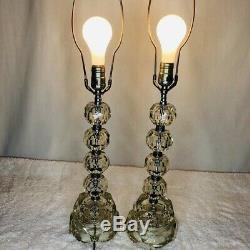 Vintage Pair Crystal Table Lamps Silver Accents Mid Century Modern High End 19