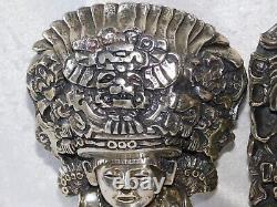 Vintage Pair D'Argenta Mayan Silver Gods Silver Aztec Olmec Skulls Sculpture