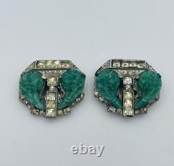 Vintage Pair Deco Silver Tone Rhinestone Green Glass Cornucopia Dress Clips