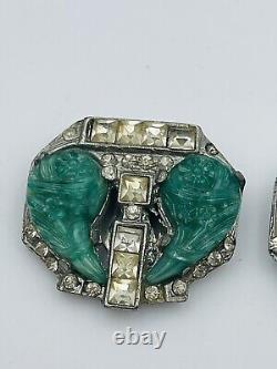 Vintage Pair Deco Silver Tone Rhinestone Green Glass Cornucopia Dress Clips