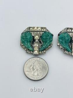 Vintage Pair Deco Silver Tone Rhinestone Green Glass Cornucopia Dress Clips