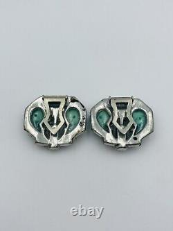 Vintage Pair Deco Silver Tone Rhinestone Green Glass Cornucopia Dress Clips