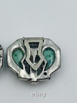 Vintage Pair Deco Silver Tone Rhinestone Green Glass Cornucopia Dress Clips