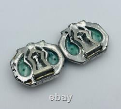 Vintage Pair Deco Silver Tone Rhinestone Green Glass Cornucopia Dress Clips