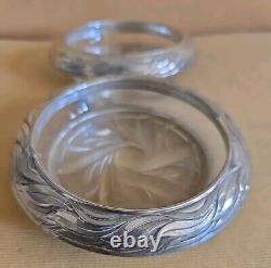Vintage Pair Frank Whiting Sterling Silver Ornate Wavy Leaf & Glass Coaster Dish