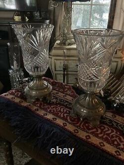 Vintage Pair GODINGER SILVER Torchiere Hurricane Lamp Cut Crystal Glass Electric