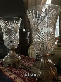 Vintage Pair GODINGER SILVER Torchiere Hurricane Lamp Cut Crystal Glass Electric