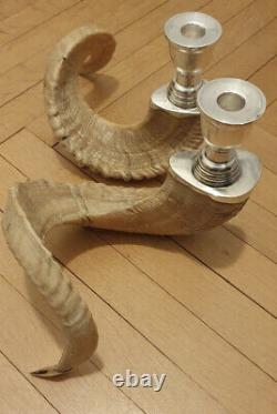 Vintage Pair Genuine Cusi Silver Ram's Horn Candlestick Candle Holders RARE