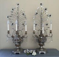 Vintage Pair Gilt Wood Crystal Beaded Flower Urn Lamp Candelabras 38